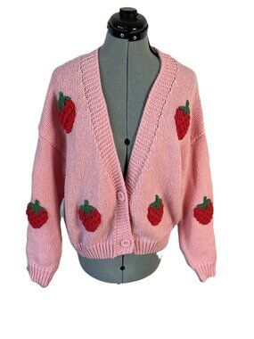 Pink Strawberry Cardigan Sweater M/L Preppy Cutie